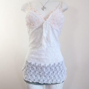 y2k white sheer floral lace cami coquette fairycore top size L XL